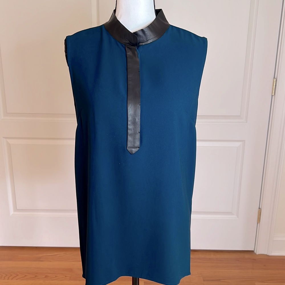 Elie Tahari black leather trimmed crepe tunic in deep teal